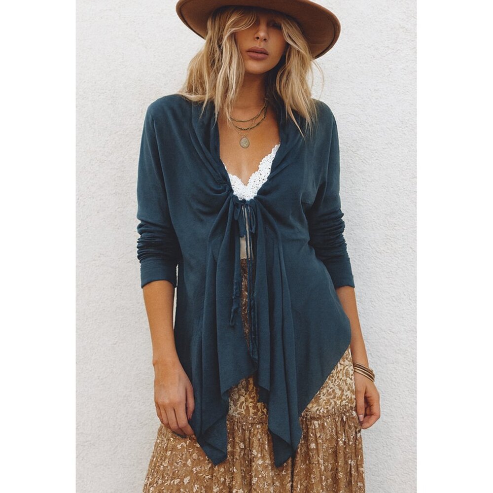 Sandwich_ Draped Open Front Cinched Cardigan High-Low Teal size Small